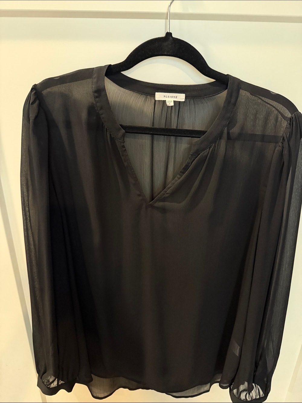 Pleione Black Sheer V-Neck Long Sleeve Blouse
